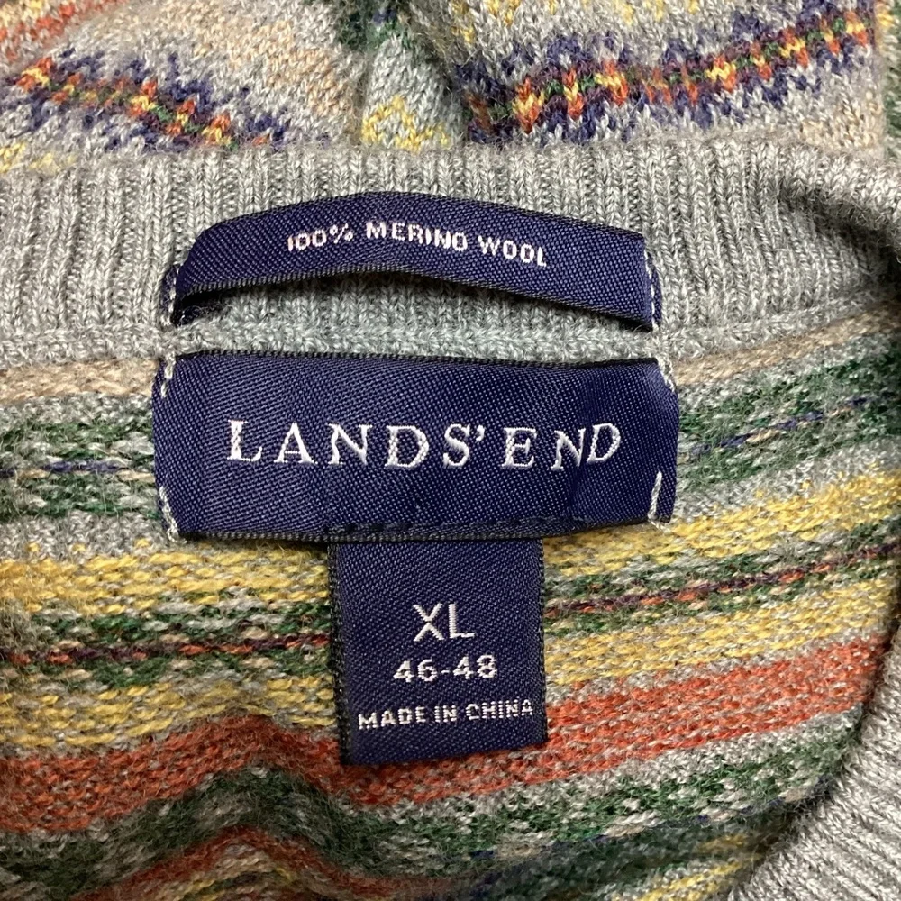 Lands End Nordic Fair Isle Merino Wool V Neck Sweater